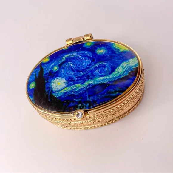 Starry Night by Vincent Van Gogh RARE Small Enamel Trinket Box with Crystal - Picture 2 of 11